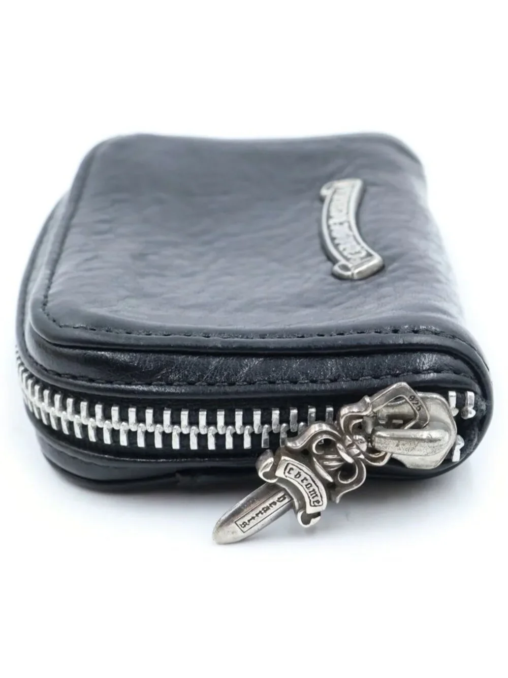 Chrome Hearts Coin Purse Single Fold Dagger Zip Compact Wallet Black Silver